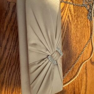 Taupe Satin Evening Clutch with Crystal Accent